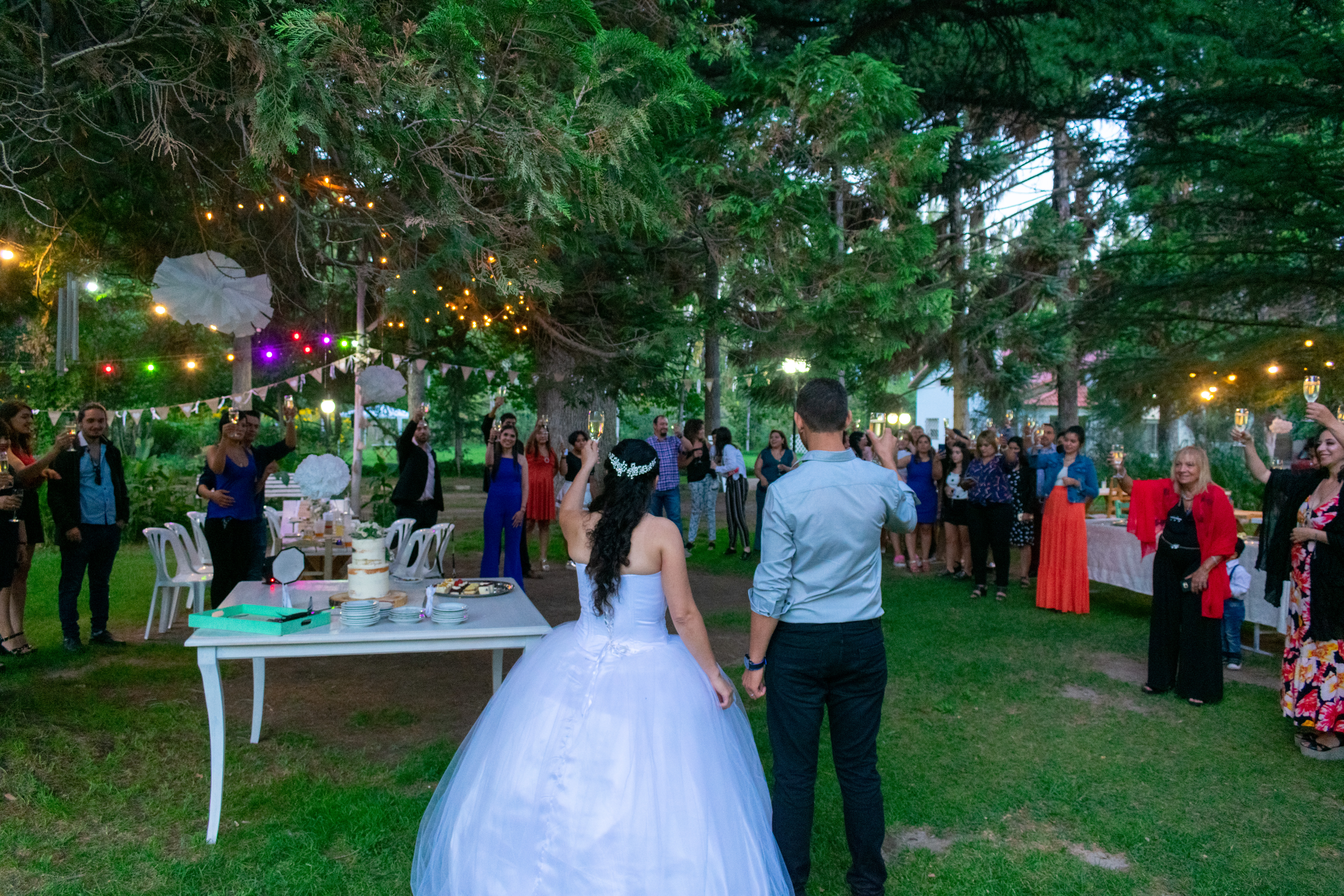 Pareja de casados de espalda a la camara y de fondo los invitados